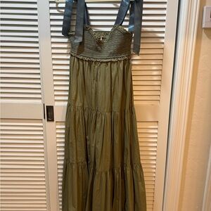 Free People Bluebell Maxi Dress in Serpent (green and blue) with Ribbon Straps